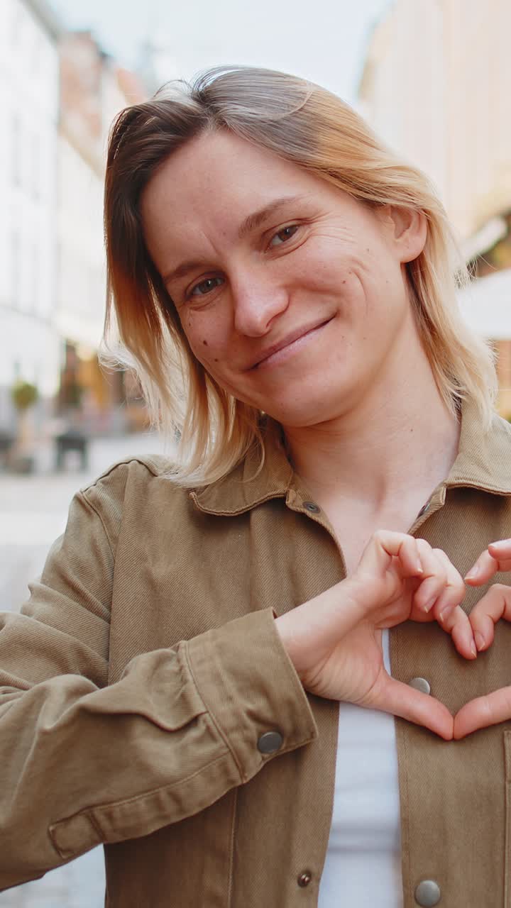 Woman makes symbol of love showing heart sign to camera express romantic feelings on city street