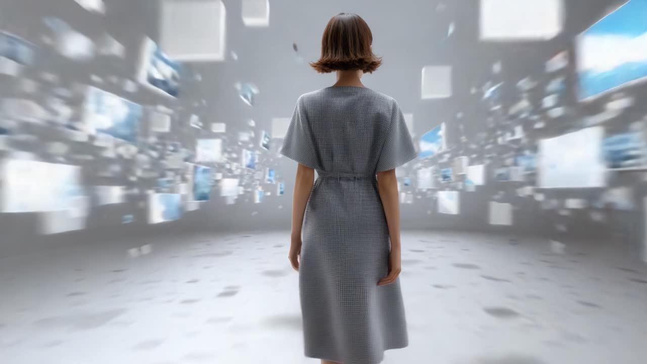 A woman stands in a surreal digital landscape, surrounded by floating images, exploring a fusion of technology and imagination in a captivating visual experience