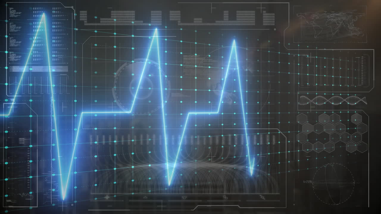 Animazione di una linea blu luminosa che simula un battito cardiaco su una griglia digitale in un'interfaccia futuristica