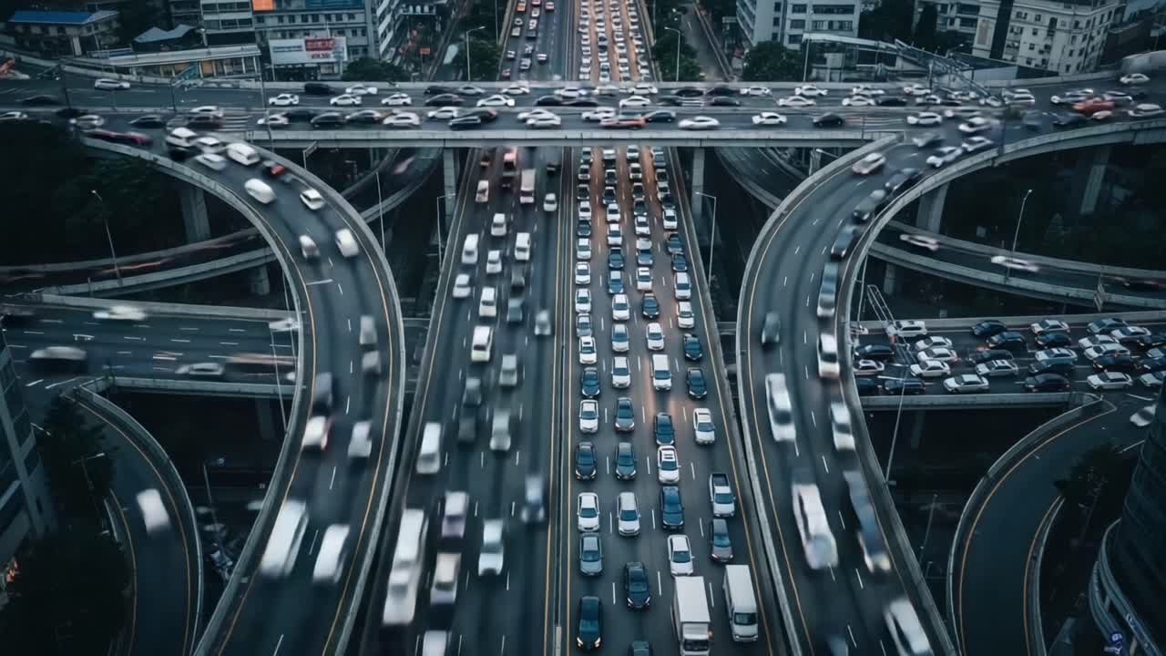 Aerial View of a Busy Urban Highway Featuring Heavy Traffic Flow with Multiple Intersections Highlighting Transportation Congestion and City Life Dynamics