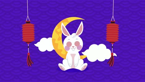 animación del festival de la luna feliz con un conejo sentado en la luna creciente