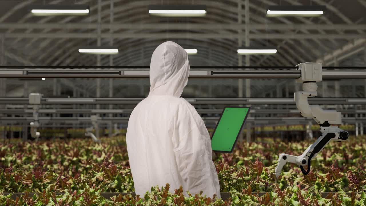 vista trasera del investigador hombre asiático mirando la tableta de pantalla verde y mirando a su alrededor mientras está de pie en el invernadero con agricultores robóticos inteligentes