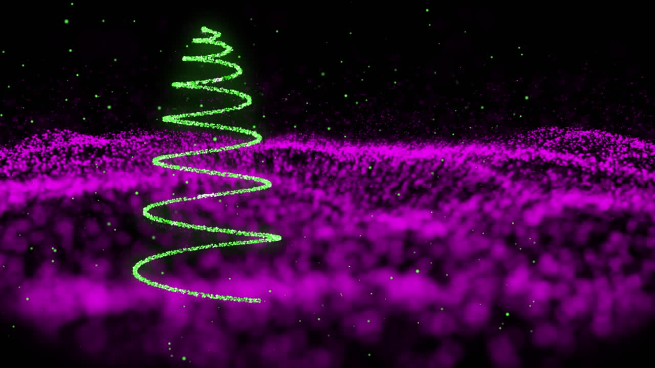 Animação de decoração de néon de Natal sobre onda roxa em fundo preto