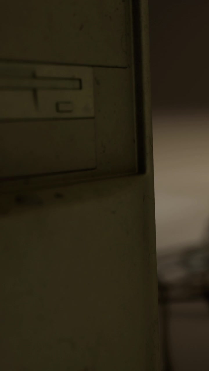 Old computer case sits alone in a dimly lit room near wooden floor