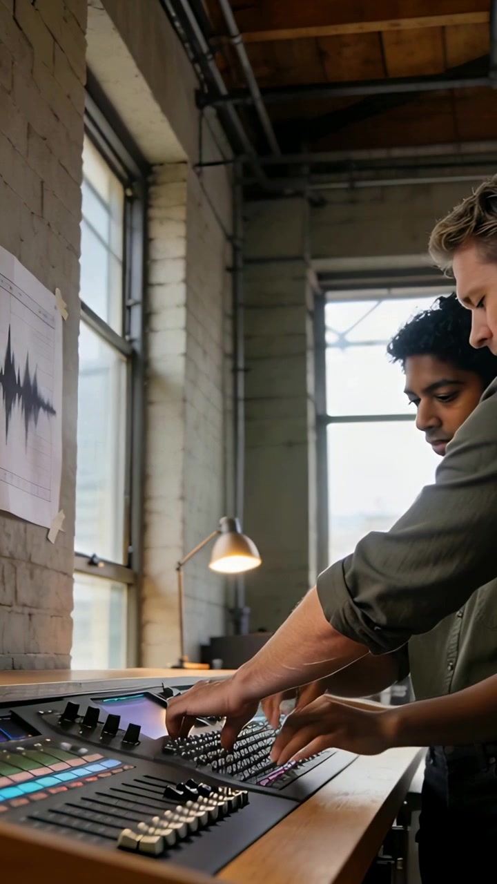 Vertical video: Pointing at waveform, producer in olive shirt mixing at studio console