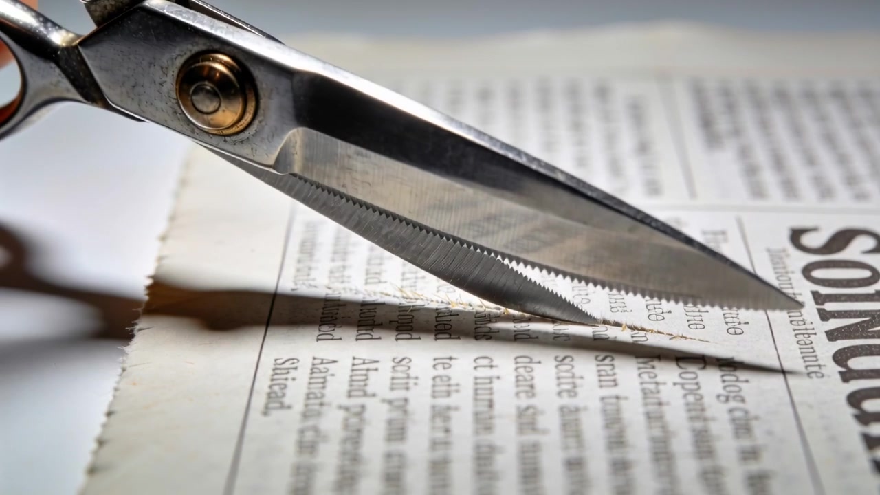 Slicing metal scissors with serrated blade closing rightward, blade tip initiating cut on desk