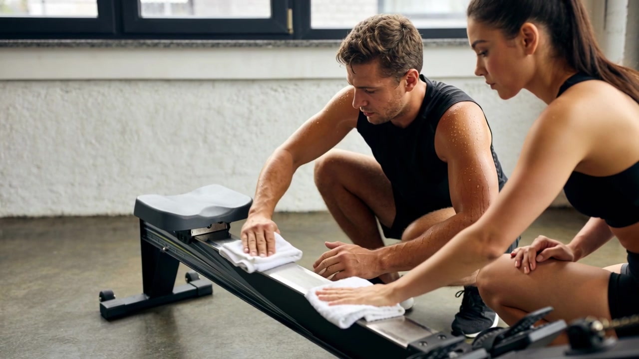 Partner post-allenamento in abbigliamento sportivo nero che puliscono il binario e il sedile di un vogatore con asciugamani bianchi in palestra.