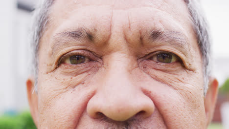 Portrait-of-senior-biracial-man-looking-at-camera-in-garden