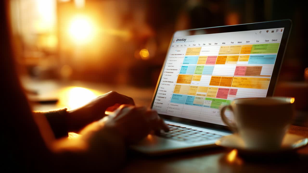 A person engaged in planning and organization, using a laptop with a colorful schedule displayed on the screen, highlighting productivity and workflow in a warm and inviting atmosphere