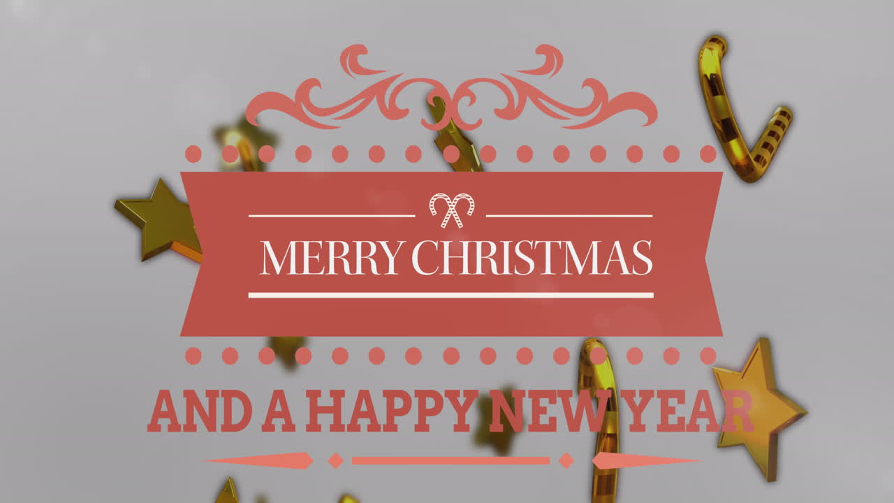 animación de feliz navidad y feliz año nuevo sobre cañas de caramelo y estrellas