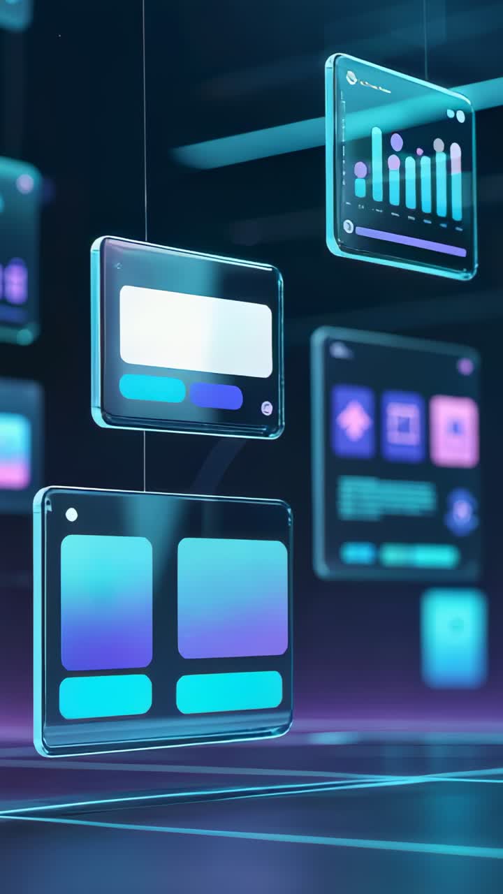 Vertical video: Floating panels on digital grid as camera panning right revealing bar chart