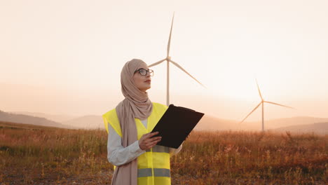 female engineer at wind farm at sunset