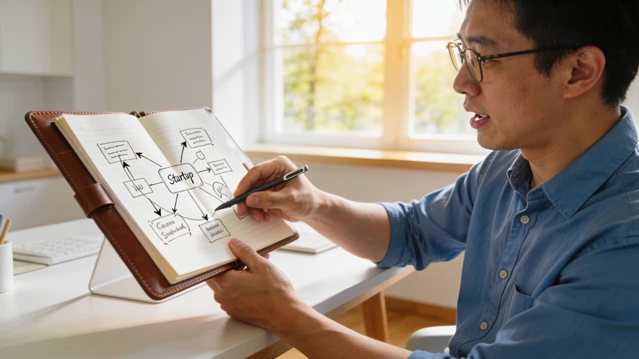 ชายเสื้อเชิ้ตสีน้ำเงินกำลังตรวจสอบแฟ้มเอกสารและวาดแผนผังความคิดสำหรับการวางแผนสตาร์ทอัพที่โต๊ะริมหน้าต่าง พร้อมพื้นที่สำหรับข้อความ