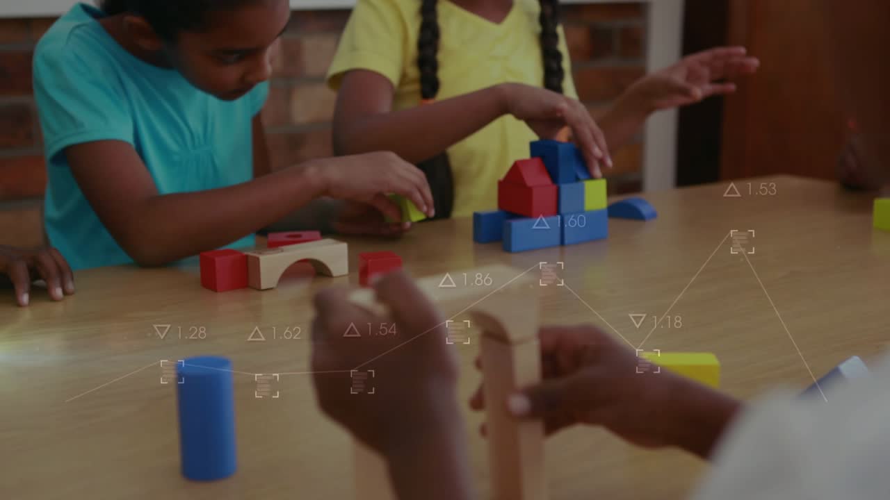 Reaching blocks, boy building yellow-holed tower, girl stacking blue blocks for educational play