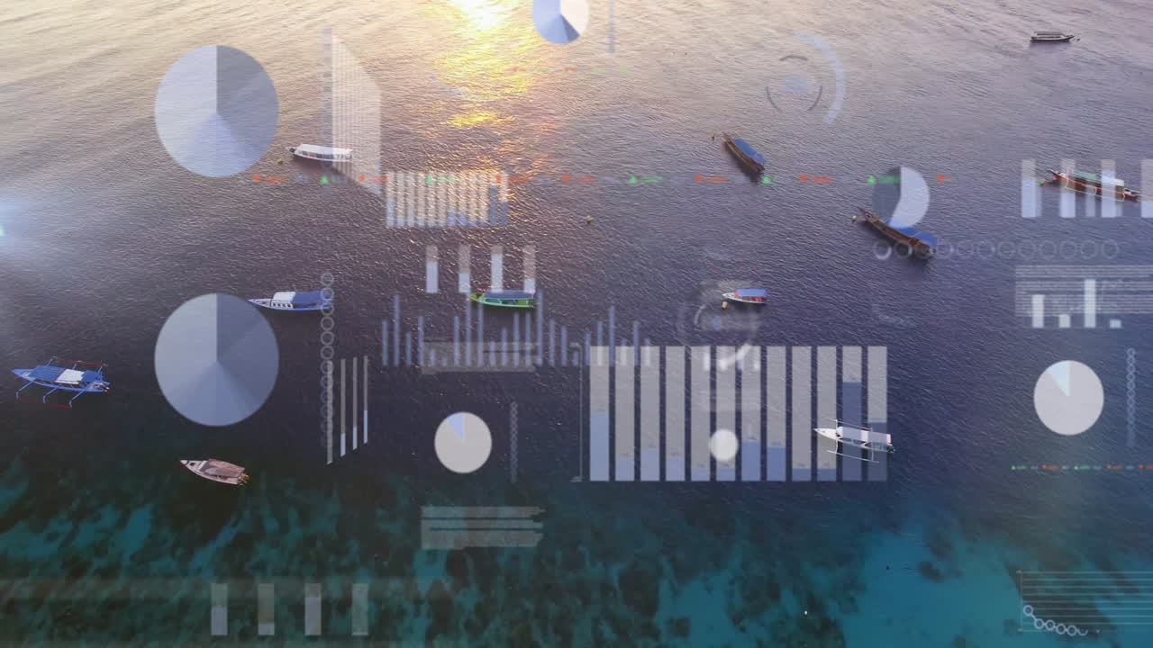 데이터 프로세싱 애니메이션과 함께 물 위의 보트