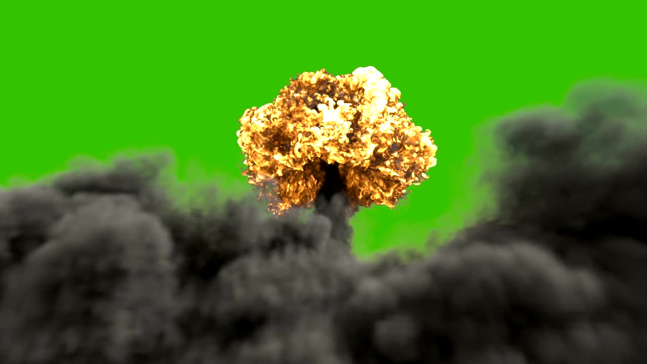 la explosión de una bomba nuclear. animación realista en 3d de la explosion de una bomba atómica con fuego, humo y nube de hongos frente a una pantalla verde.