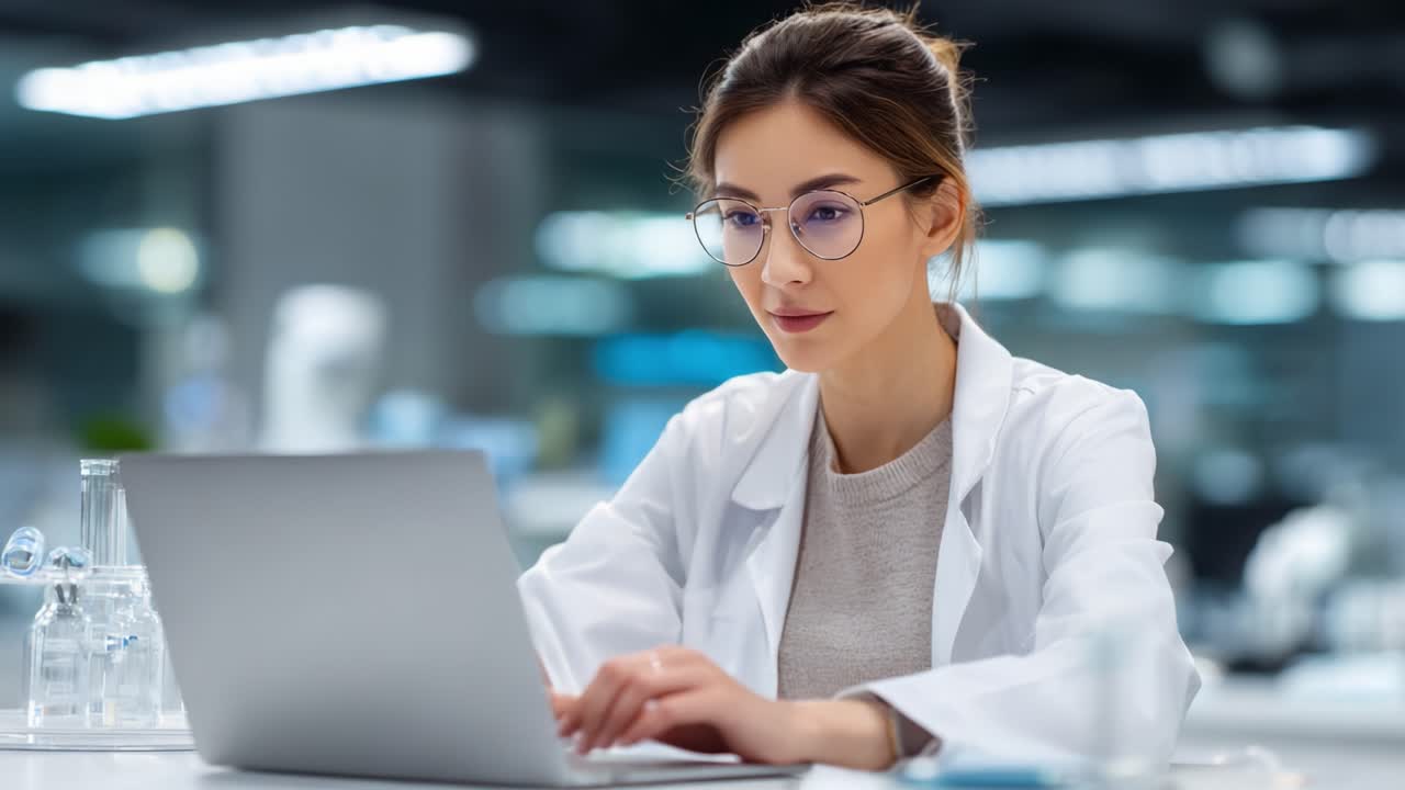 A focused woman in a lab coat uses a laptop in a modern laboratory, showcasing the blending of technology and research in a professional environment