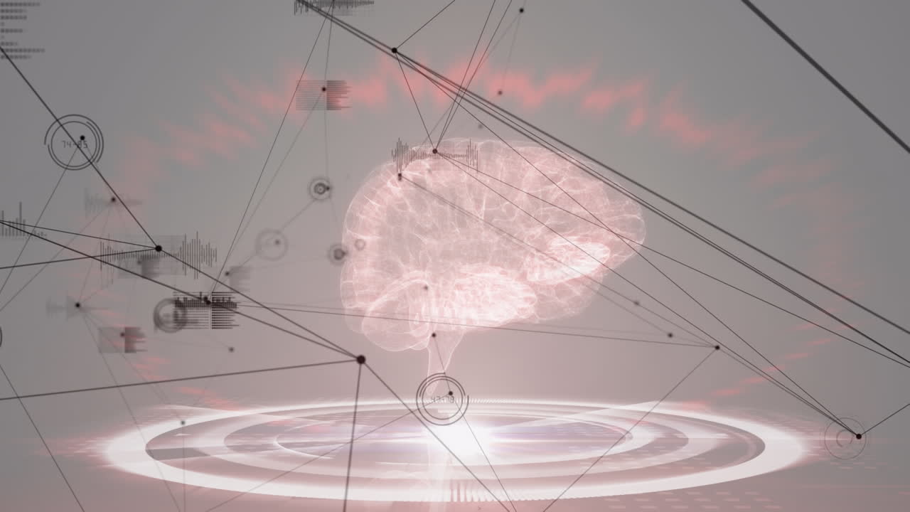 회색 배경에 대한 인간 뇌 모델에 대한 연결 네트워크와 데이터 처리