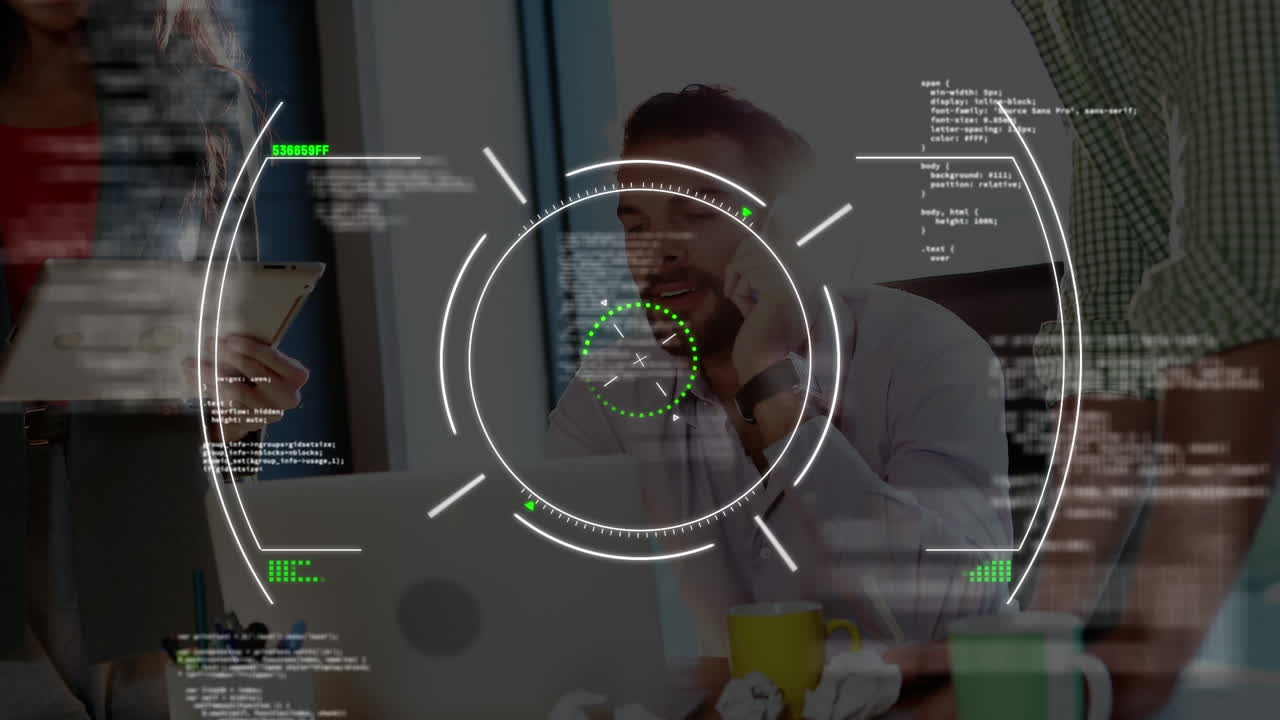 Animation of scope scanning and data processing over businessman talking on smartphone