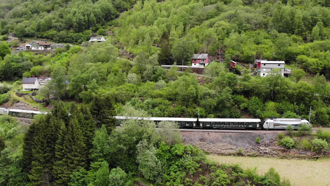 antena: tren flåm que sube por la ladera de una montaña en un valle