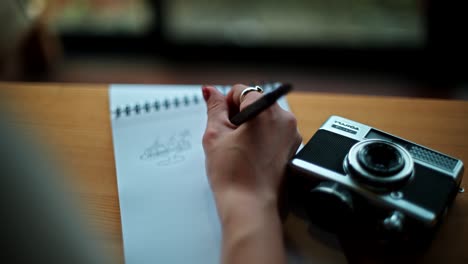 woman drawing and holding a vintage camera