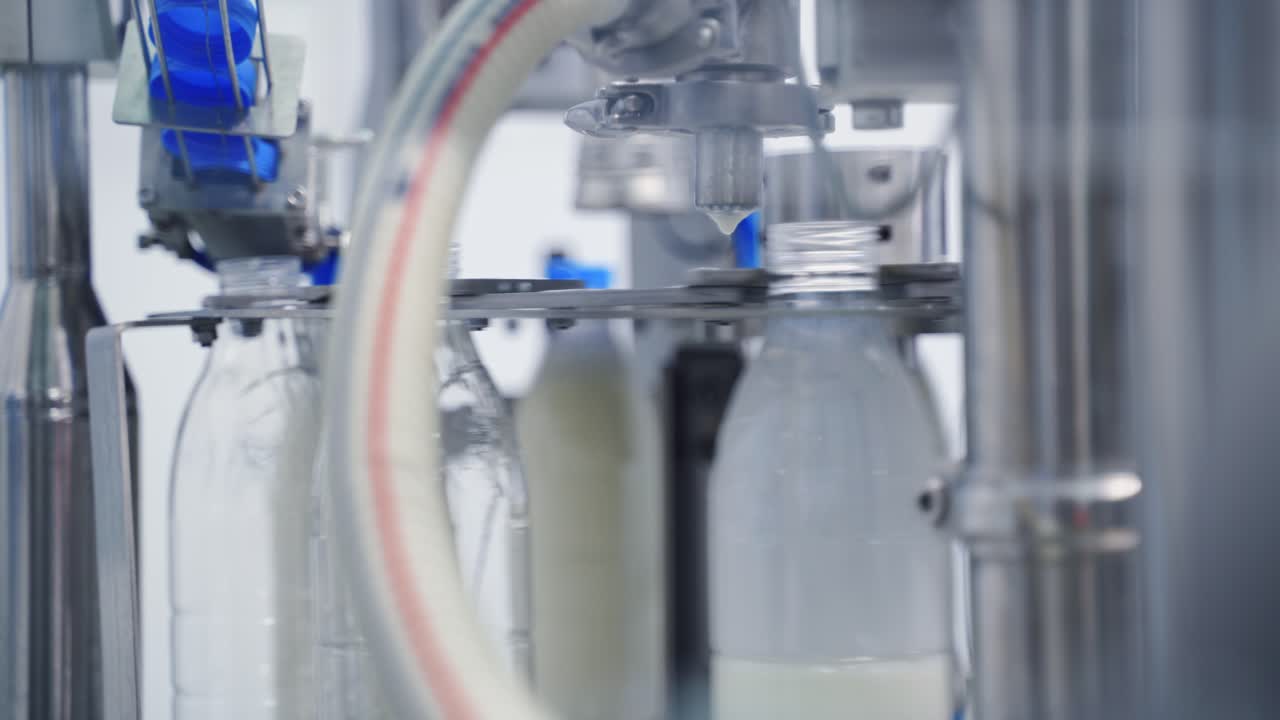 Automated technology of bottling milk in robotic factory. Plastic bottles are filling with milk by modern machinery at a dairy plant. Close-up.