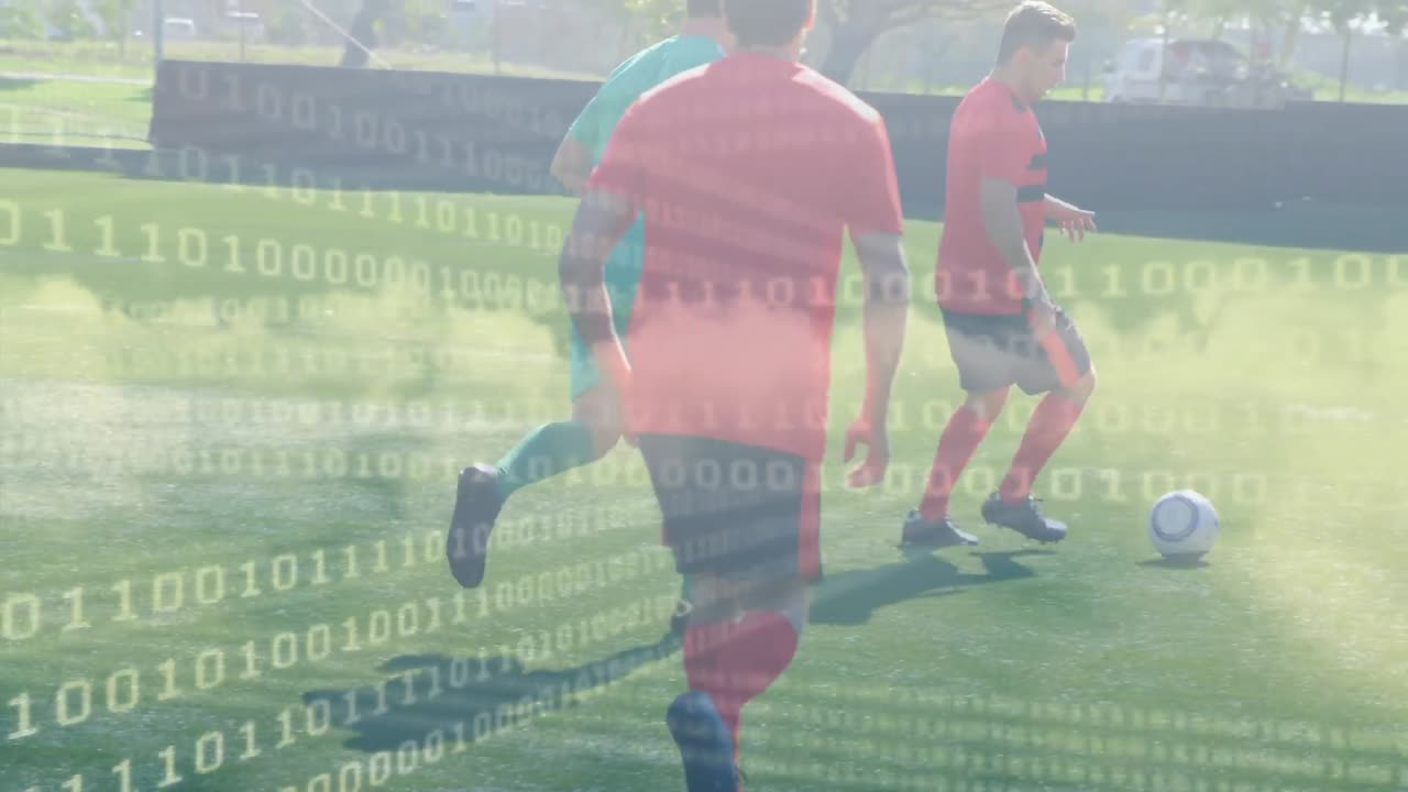 스타디움의 다양한 축구 선수들에 대한 바이너리 코딩의 애니메이션