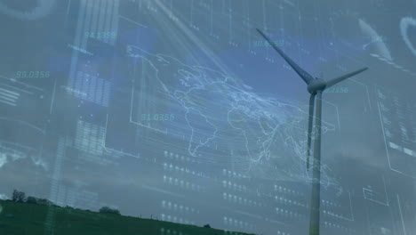 animation of financial data processing over wind turbine