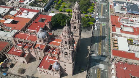 historic-center-of-Morelia,-seen-with-a-drone