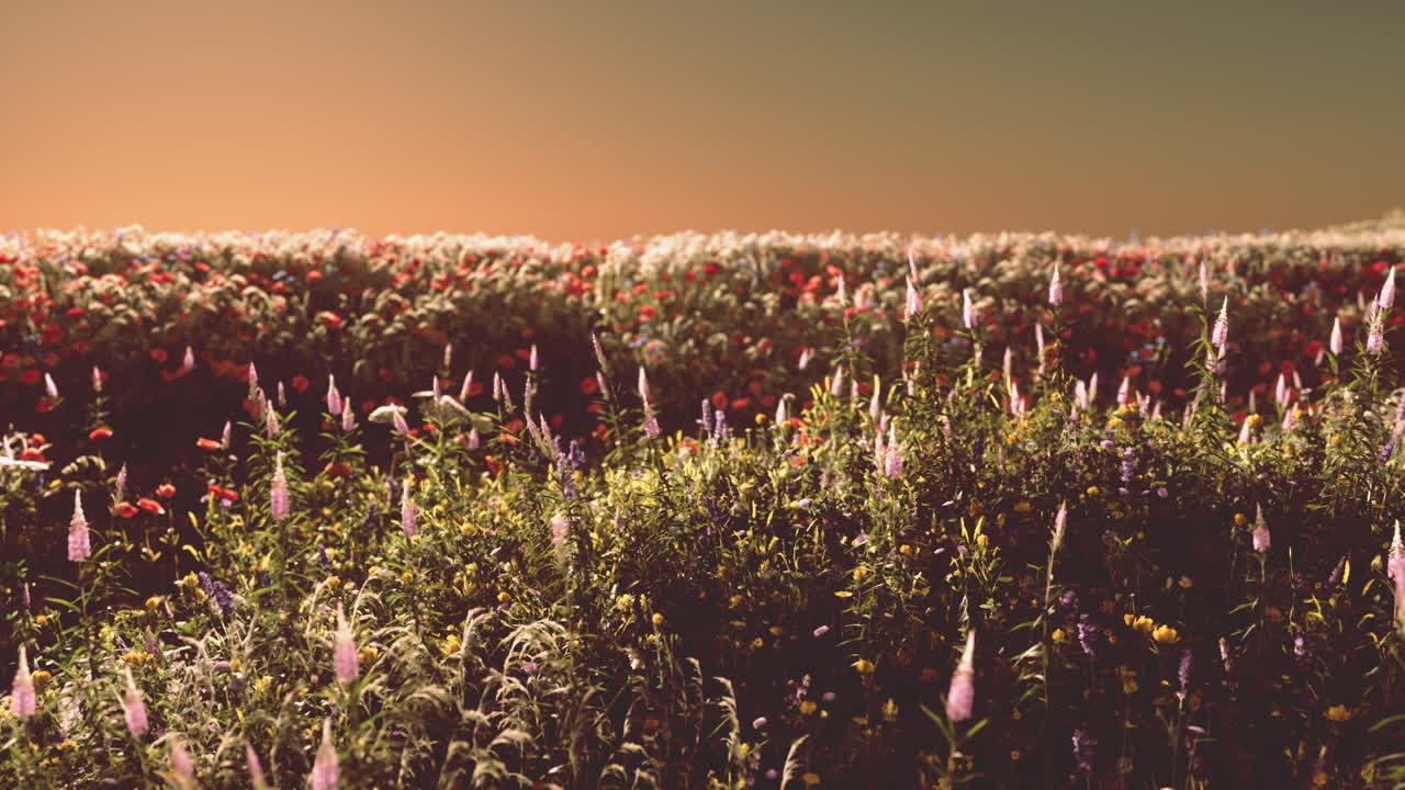 Field with flowers during summer sundown