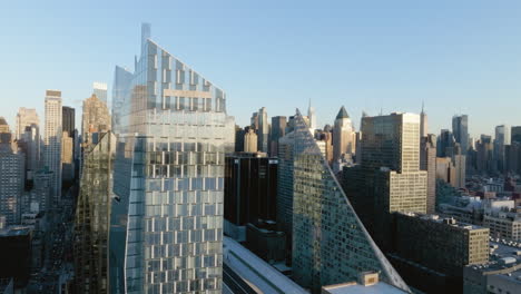 Aerial-view-around-modern-buildings-in-Lincoln-Square,-sunny-New-York,-USA