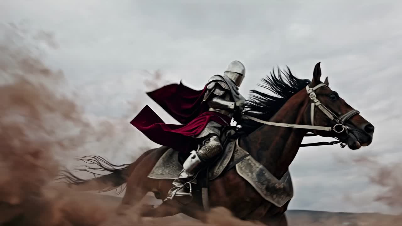 Tomada de vídeo dinâmica em baixo ângulo de um cavaleiro blindado galopando a cavalo, capturando movimento.