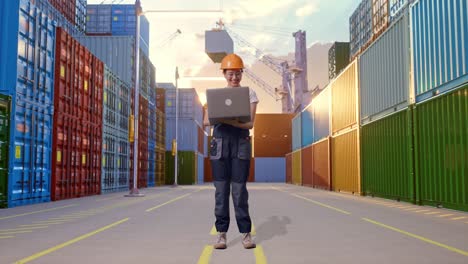 cuerpo lleno de trabajadora asiática que usa gafas de protección y casco de seguridad usando una computadora portátil mientras está de pie en el almacén del patio de contenedores