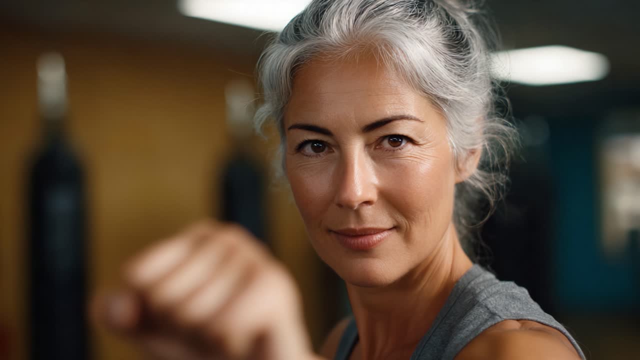 Fuerza y resolución: retrato cautivador de una mujer fuerte en un entorno de fitness que muestra su valor, determinación y fuerza interior a través de su mirada.