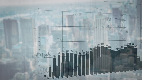 animation of financial data processing over cityscape