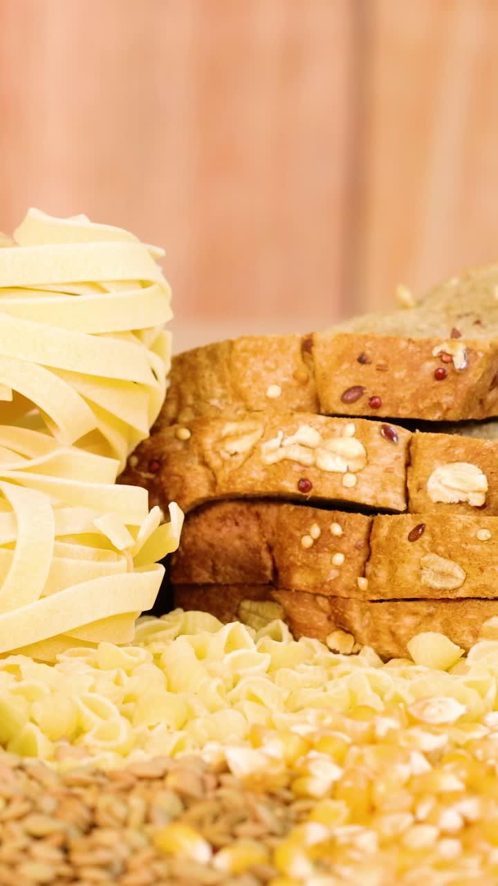A hand picks up a slice of whole wheat bread from a display of grains and pasta under warm lighting
