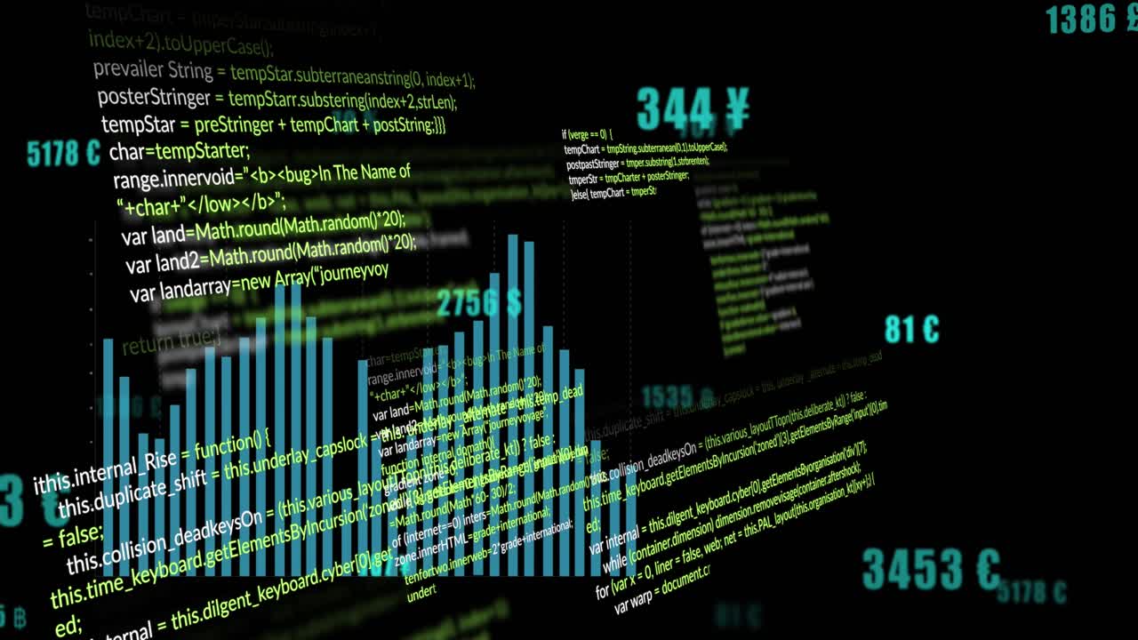 Animation of data processing and statistics on dark background