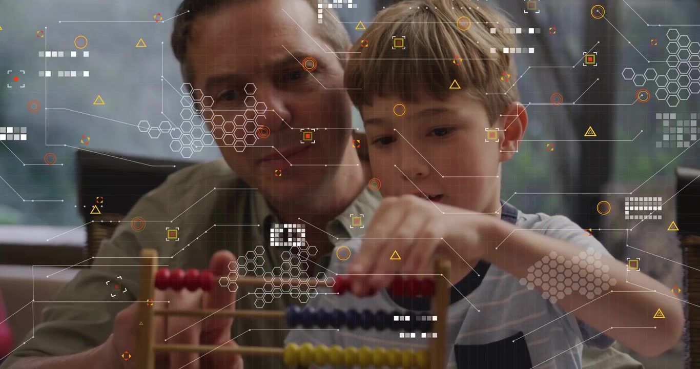 Father leaning guiding son sliding abacus beads for math learning while AR overlays expanding