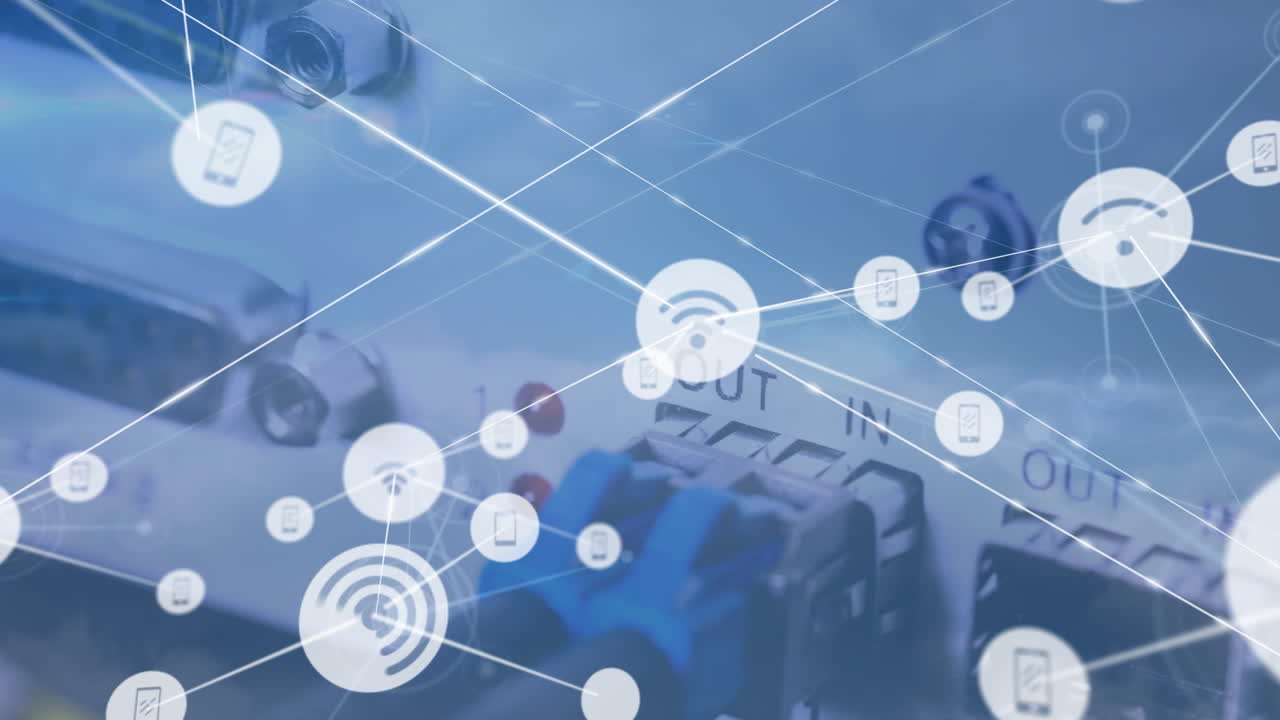 animación de iconos de red inalámbrica que se conectan con líneas contra el servidor de computadora