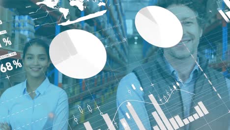 animation of data processing over team of diverse male and female supervisors smiling at warehouse