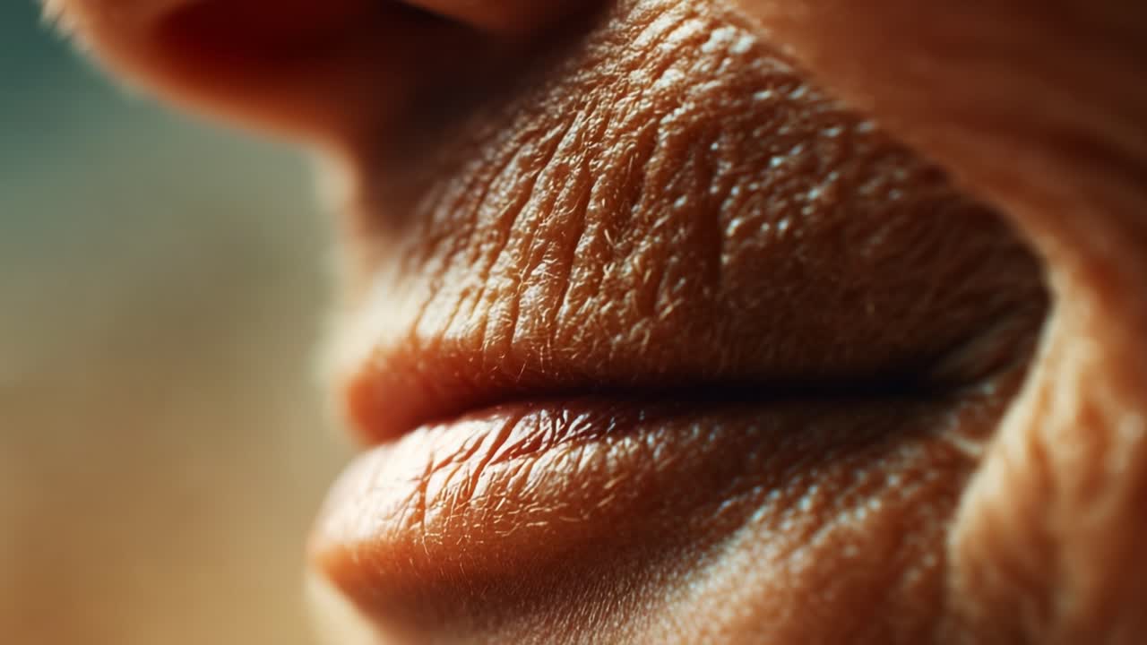 A Close-Up View of an Elderly Face Highlighting Aging Skin Textures, Wrinkles, and Expressions in a Soft-Blurred Background for an Intimate and Thoughtful Moment
