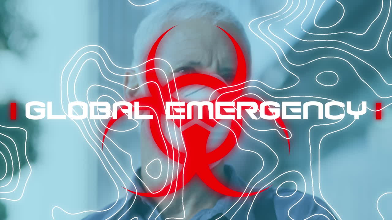 바이오 위험 상징과 얼굴 마스크를 입은 사람 위에 코로나 19 데이터 처리 애니메이션