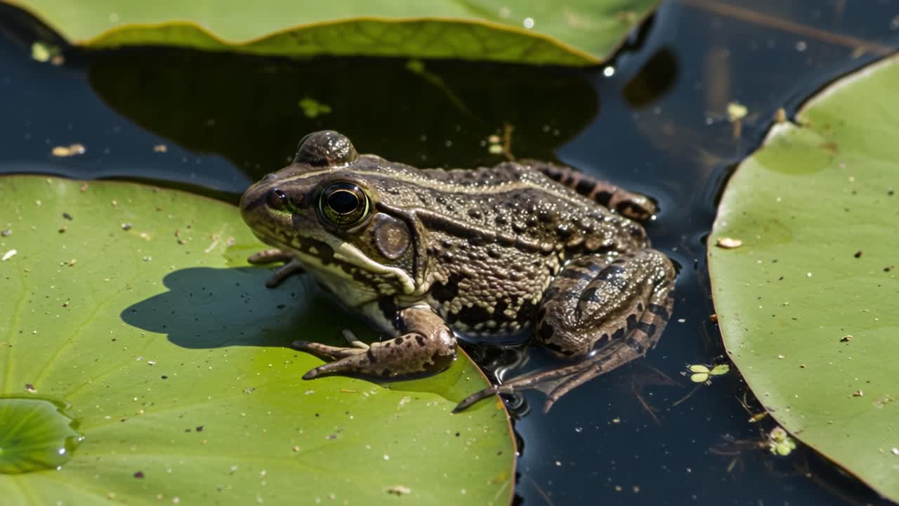 A Close-Up Encounter with a Tranquil Frog Resting on Lily Pads in a Serene Pond Showcase Nature's Beauty and Biodiversity