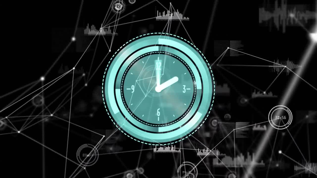 Animation of clock moving fast over network of connections on black background