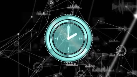 animación de un reloj moviéndose rápidamente a través de una red de conexiones sobre fondo negro