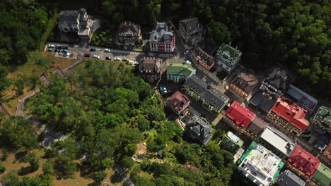 vista aérea de una ciudad europea con parques y árboles exuberantes