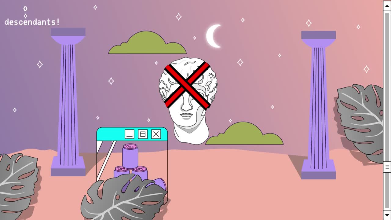 Retro Vaporwave Poster With User Interface Elements and Cartoon Roman Antique Statue. Pastel Gradient Abstract Background. 2D Animation.