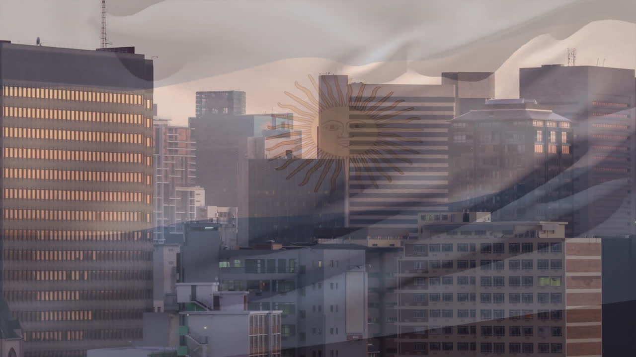 Argentinian flag animation over city skyline with tall buildings