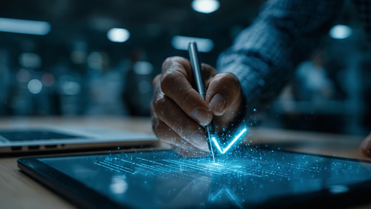 Digital Signature Process: A Close-Up View of a Hand Signing on a Tablet Using a Stylus to Create an Electronic Checkmark with Futuristic Visual Effects