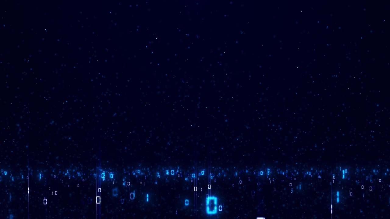 Dark data particles coding visual with blue binary digits glowing information specks and deep